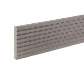 Close up of RecoDeck WPC grooved decking trim in Light Grey