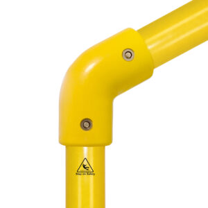 Close-up of a SafeClamp angled elbow Connector connecting two tubes