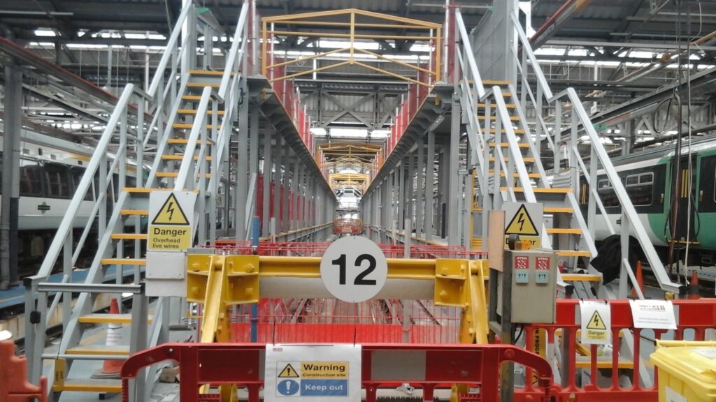 Steps leading up to high level Access Platforms in a rail depot