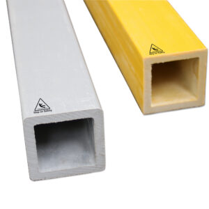 Close-up shot of two sizes of GRP Box structural profiles used as stanchion posts in our SafeRail System