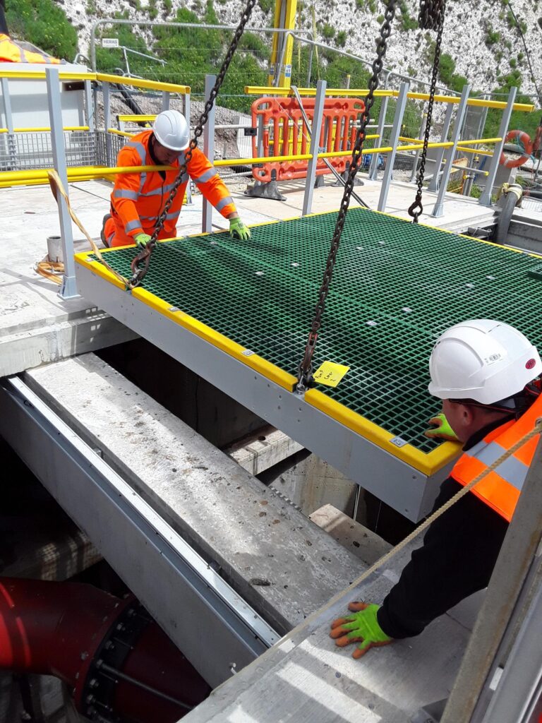 A GRP Chamber Cover being lowered into position at the Portobello Pumping Station