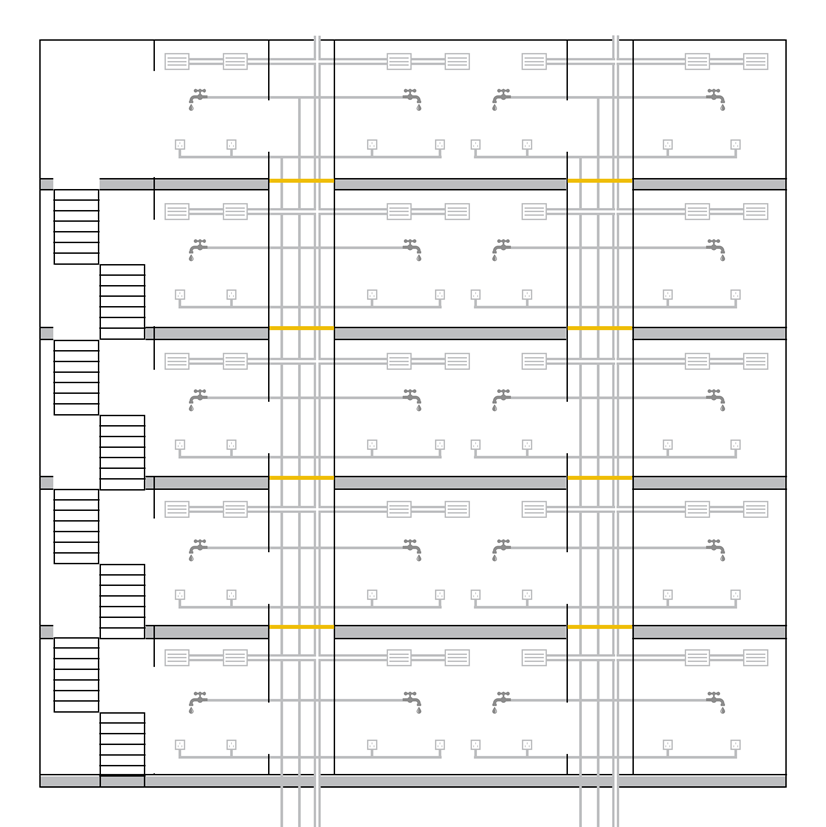 RiserDeck riser floors shown in yellow on a diagram of a four-storey building