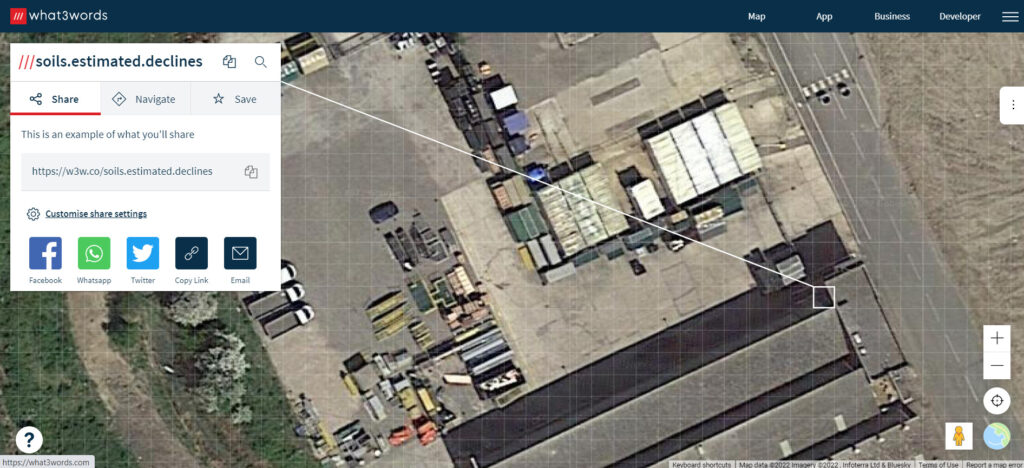 Satellite photo showing the what3words address of the door to Step on Safety