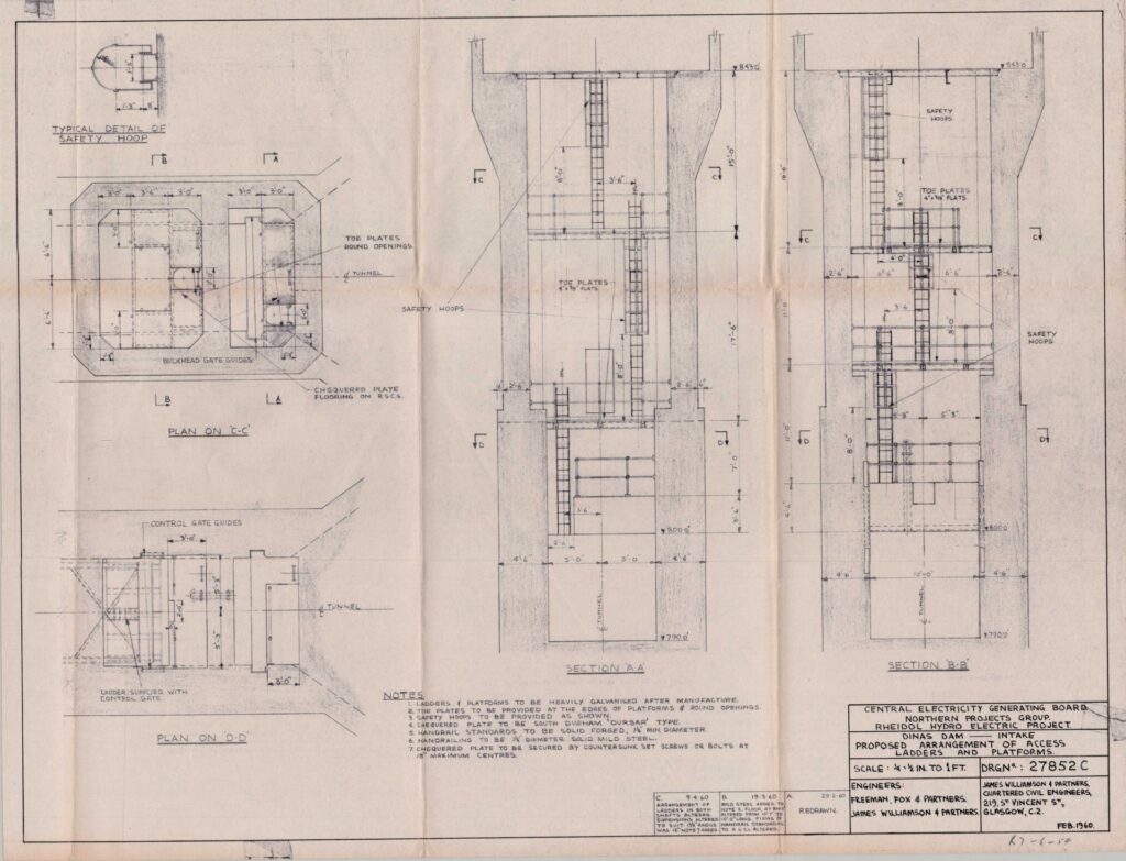 Original drawings from 1960 showing the Dinas Dam access shaft